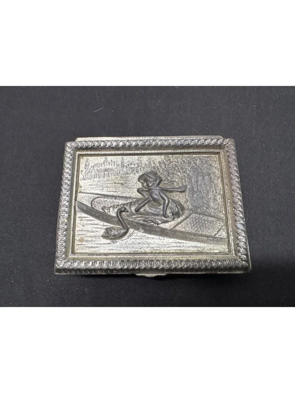 Vintage Silver-Plated Jewelry Trinket Box Embossed Lady & Swan Design Made In Ja